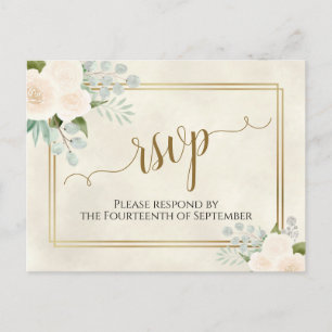 White Roses & Eucalyptus Gold Wedding RSVP Postcard