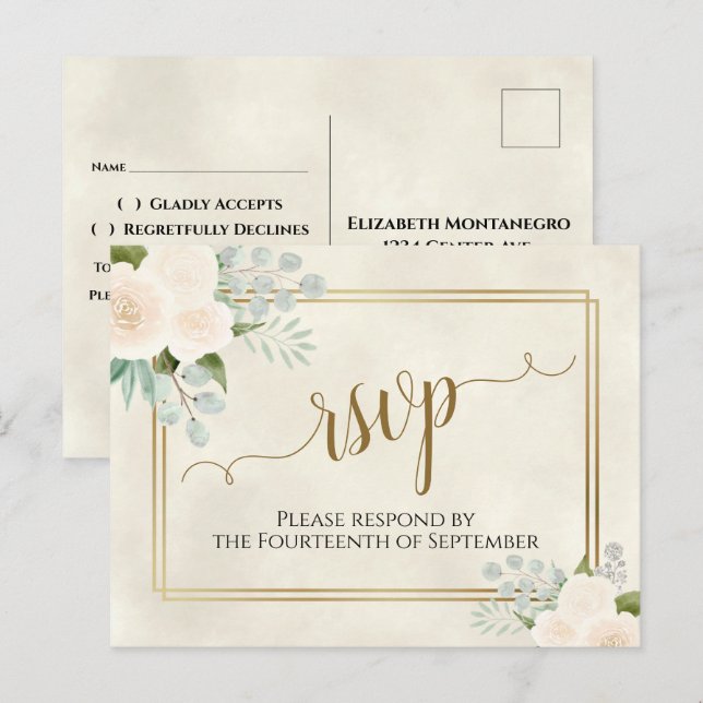 White Roses & Eucalyptus Gold Wedding RSVP Postcard (Front/Back)