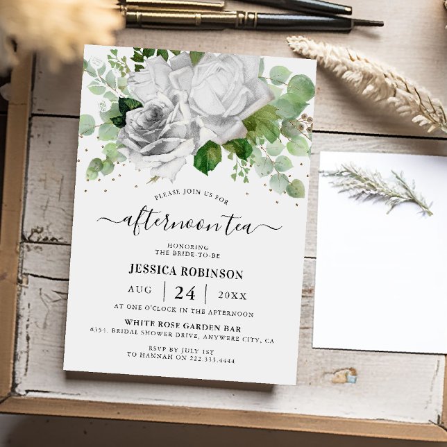 White Roses & Eucalyptus Greenery Afternoon Tea Invitation (Creator Uploaded)