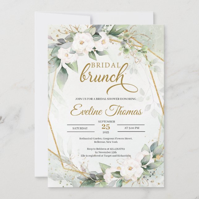 White roses eucalyptus greenery faux gold frame  invitation (Front)