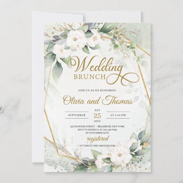 White roses eucalyptus greenery gold frame wedding invitation (Front)