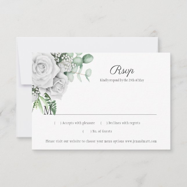 White Roses Eucalyptus Lattice RSVP Card (Front)