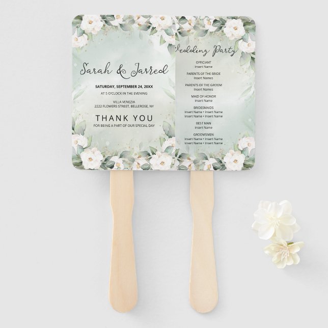 White Roses Eucalyptus Leaves Wedding Hand Fan (Front and Back)