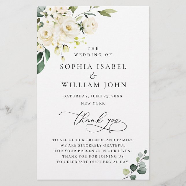 White Roses Eucalyptus Wedding Ceremony Program (Front)