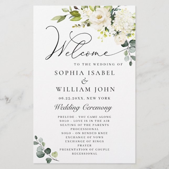 White Roses Eucalyptus Wedding Ceremony Program (Front)