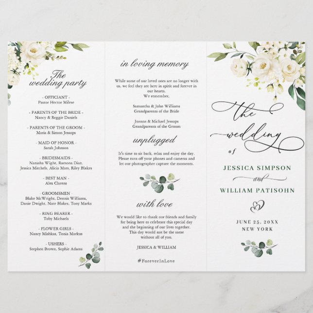 White Roses Eucalyptus Wedding Ceremony Program (Front)