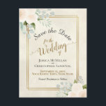 White Roses & Eucalyptus Wedding Save the Date Announcement Postcard<br><div class="desc">This beautiful wedding save the date card features an elegant boho chic design with watercolor white or pale peach roses and sprigs of eucalyptus leaves on a marbled ivory background with faux foil gold borders. The lettering is both black and gold and features lacy script calligraphy. The back has a...</div>