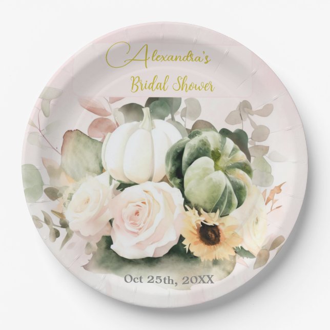 White Roses Fall Pumpkins Paper Plate (Front)