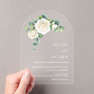 White Roses Floral Arch Clear Acrylic Invitations