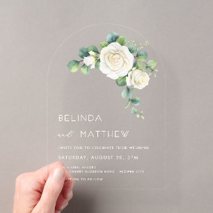 White Roses Floral Arch Clear Acrylic Invitations
