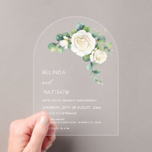 White Roses Floral Arch Clear Acrylic Invitations