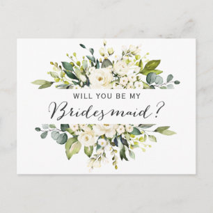 White Roses Floral Bouquet Be My Bridesmaid Card