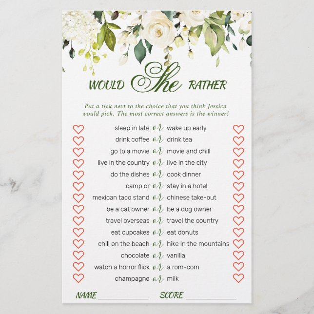 White Roses Floral Bridal Shower Game (Front)
