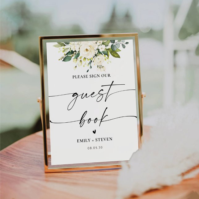 White Roses Floral Bridal Shower Guest Book Sign (Creator Uploaded)