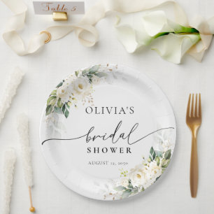 White Roses Floral Bridal Shower Paper Plates