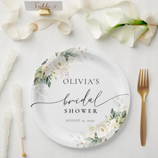 White Roses Floral Bridal Shower Paper Plates (Wedding)