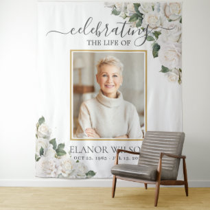 White Roses Floral Celebration of Life Photo Tapestry