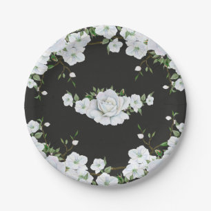 White Roses Floral & Charcoal Grey Bridal Shower Paper Plate