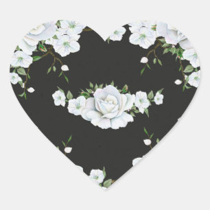 White Roses Floral & Charcoal Grey Elegant Favour Heart Sticker