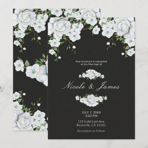 White Roses Floral & Charcoal Grey Wedding Invitation