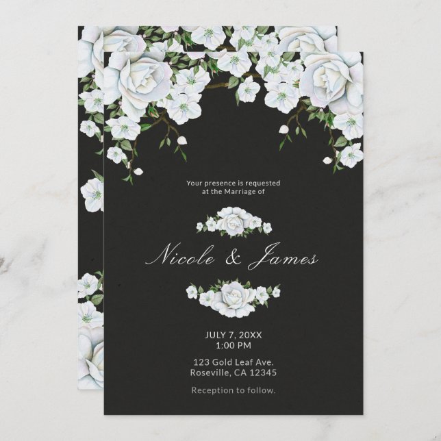 White Roses Floral & Charcoal Grey Wedding Invitation (Front/Back)