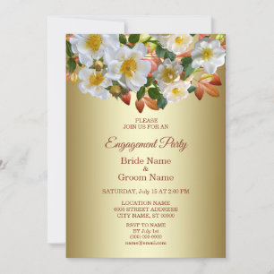 White Roses Floral Gold Engagement Invitation