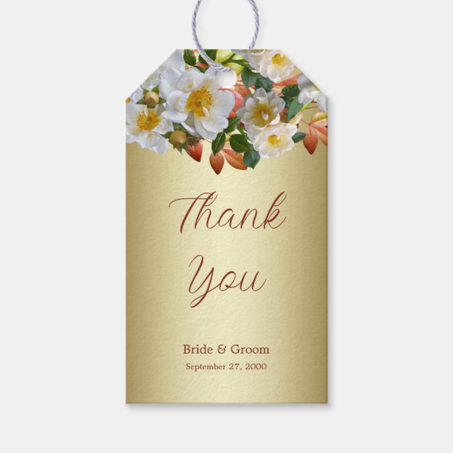 White Roses Floral Gold Gift Tag (Front)