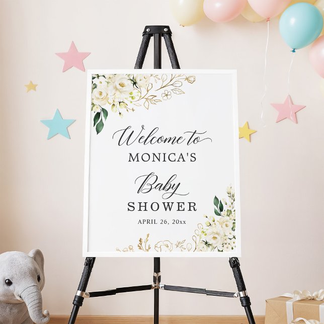 White Roses Floral Gold Leaves Baby Shower Sign (Creator Uploaded)