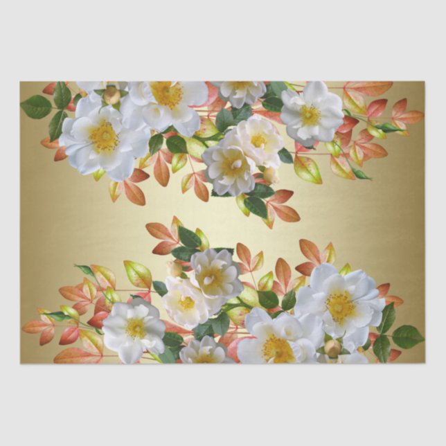 White Roses Floral Gold Tissue Paper (Front)