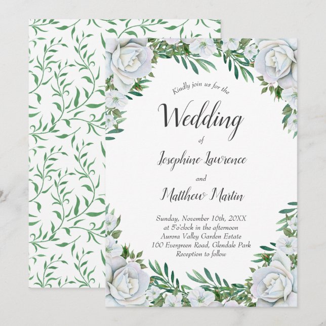 White Roses Floral Greenery Wedding Invitations (Front/Back)