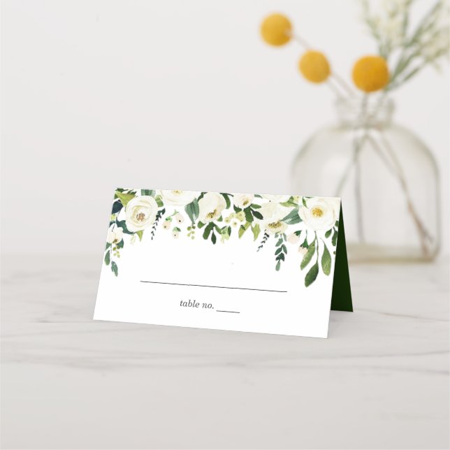White Roses Floral Greenery Wedding Place Card (Front)