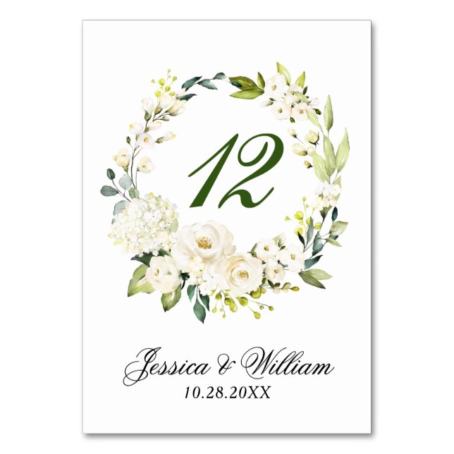 White Roses Floral Greenery Wedding Table Number (Front)