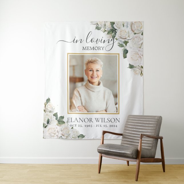 White Roses Floral In Loving Memory Photo Tapestry (In Situ)