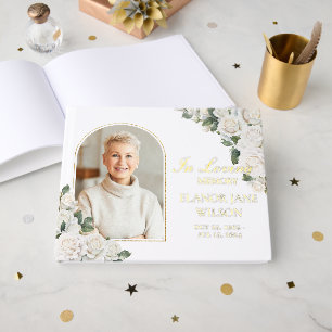 White Roses Floral Memorial Funeral Photo Picture Guest Book