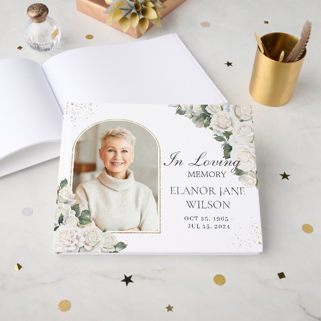 White Roses Floral Memorial Funeral Photo Picture Guest Book (Front Open)