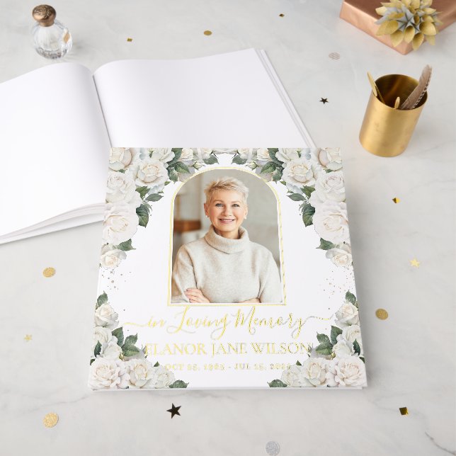 White Roses Floral Memorial Funeral Photo Picture  Guest Book (Front Open)