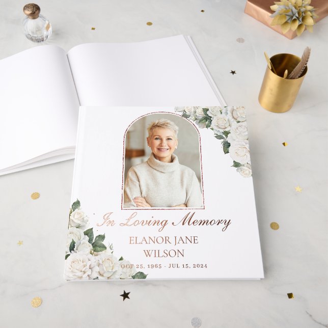 White Roses Floral Memorial Funeral Picture Photo Guest Book (Front Open)