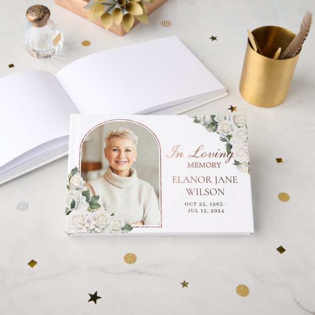 White Roses Floral Memorial Funeral Picture Photo Guest Book (Front Open)