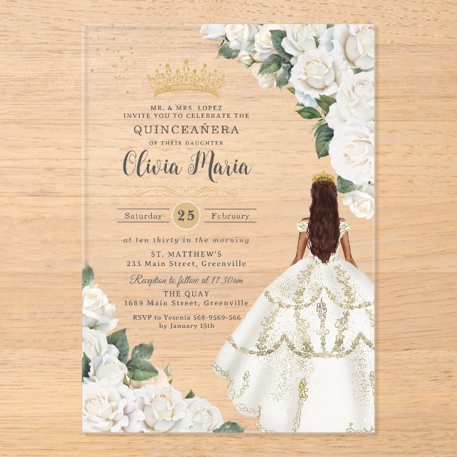 White Roses Floral Princess Gown Gold Quinceañera  Acrylic Invitations (Front)