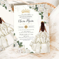 White Roses Floral Princess Gown Gold Quinceañera