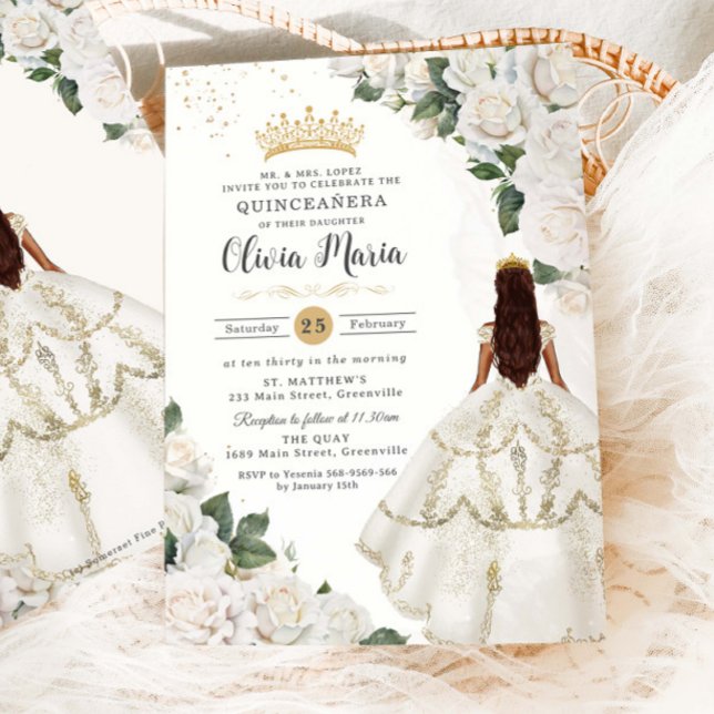 White Roses Floral Princess Gown Gold Quinceañera  Invitation (Creator Uploaded)