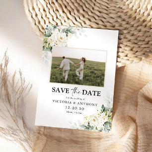 White Roses Floral Save The Date with Photo