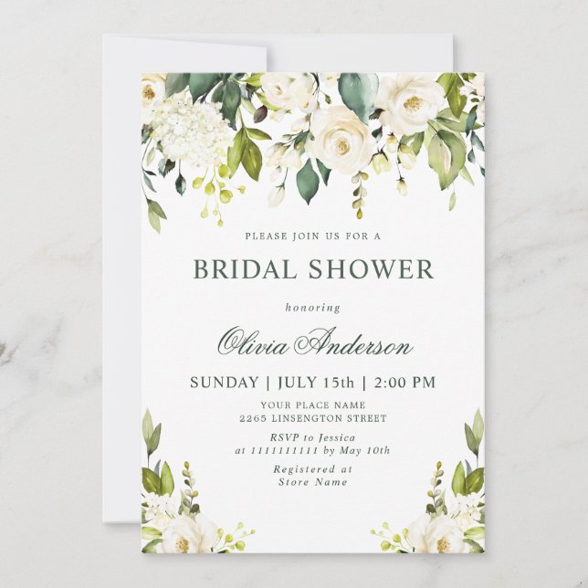 White Roses Floral  Watercolor BRIDAL SHOWER Invitation (Front)