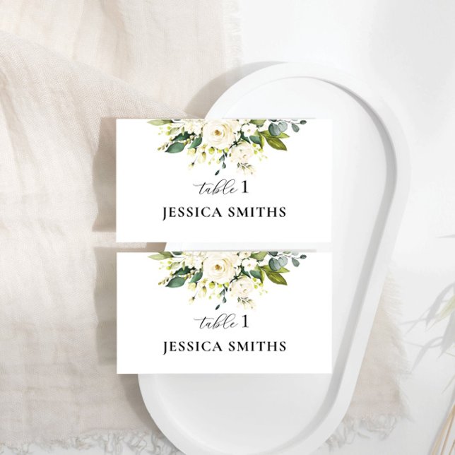 White Roses Floral Wedding Flat Place Card (Creator Uploaded)