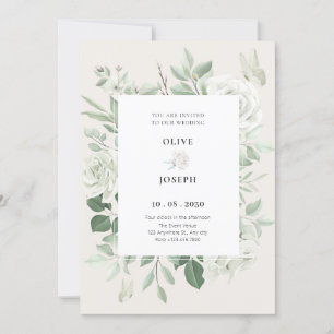 White roses floral wedding invitation