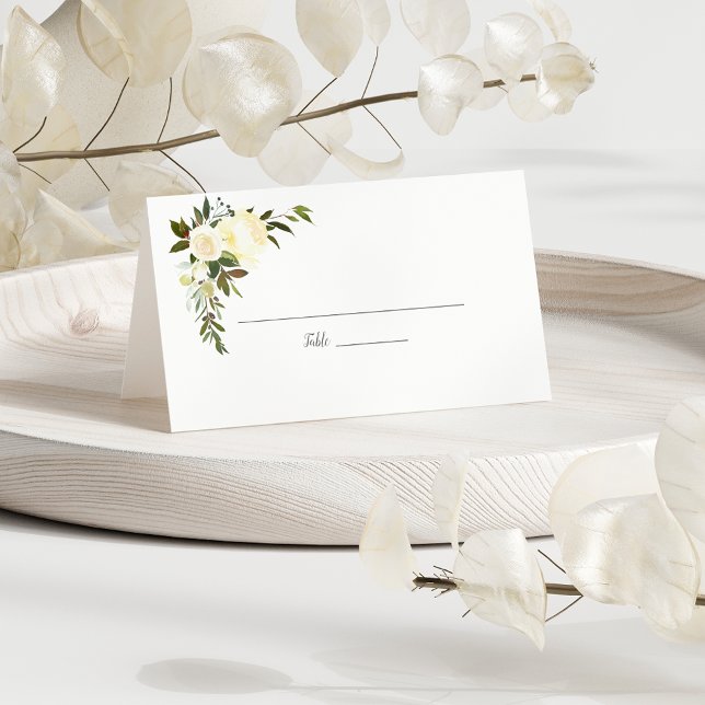 White Roses Floral Wedding | Olive Green Place Card (Creator Uploaded)
