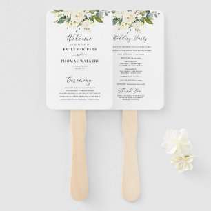 White Roses Floral Wedding Program Hand Fan