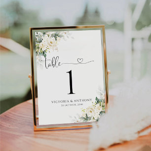 White Roses Floral Wedding Table Number Card
