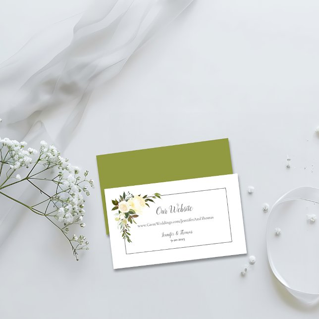 White Roses Floral Wedding Website | Olive Green Enclosure Card (Creator Uploaded)