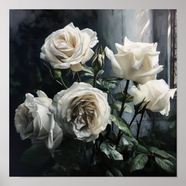 White Roses Flower Art Print Poster (Front)
